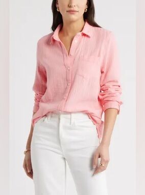 J.Crew Classic Cotton Gauze Button Up Shirt pink crinkled texture Size Small